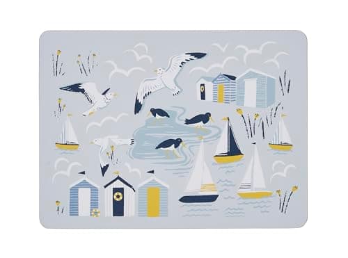Image of Ulster Weavers - Nautical Place Mats for Table - 4x Pieces (21 x 29 x 0.5cm) - Beach Huts Printed Cork Placemats Set of 4 - Blue Kitchen Accessories - Blue Table Mats with Sailboats - Nautical Decor