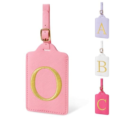 Image of Personalized Initial Luggage Tags for Suitcase, Pink Leather Cute Luggage Tags with Privacy Cover Name Card, Embroidered Custom Monogrammed Luggage Tag Travel Bag Baggage Tags Gifts for Women Kids(O)
