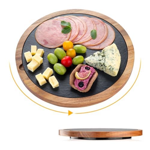 Image of HALE OTEIR Lazy Susan Slate Serving Board - Acacia Wood Steak Plate with Slate, Cheese Platter, Steak Plate, Perfect for Charcuterie, BBQ, Dinner Parties, Rustic Design with 360° Rotation 11.8in