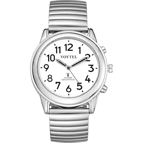Image of MAUJOY Men's Atomic Talking Watch(Silver Stainless Steel Spring Watch Band) Clear & Loud English Accent, Announces Time, Date & Alarm, Ideal for The Blind, Visually Impaired & Elderly