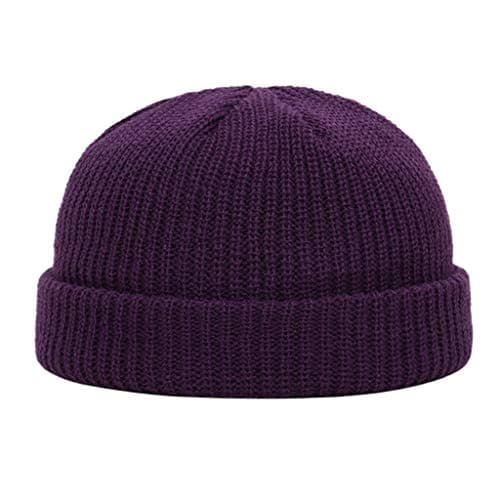 Image of Beanie Hat Men Winter Fisherman Beanie Plain Trawler Beanie Knitted Cuffed Skullcap Purple