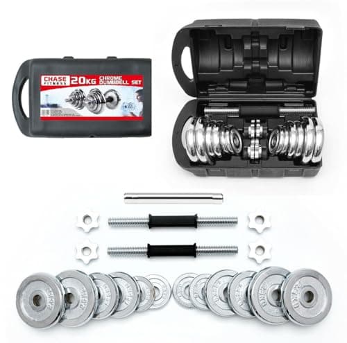 Image of Chase Fitness Chrome Cast Iron Dumbbells Barbell 20kg Weight Set