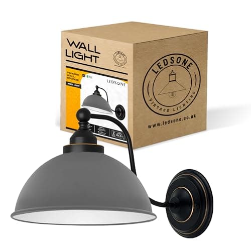 Image of LEDSone Vintage Industrial Wall Sconce with Blue Metal Shade, 19cm Height and 21cm Width – Retro Indoor Wall Light Fixture for Bedroom, Living Room – Compatible with E27 Bulbs (Grey)
