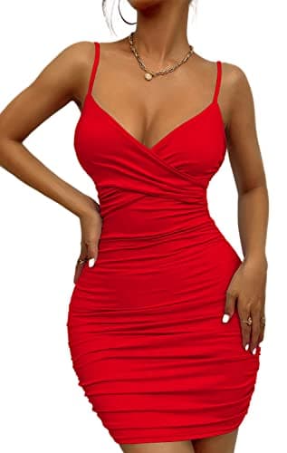 Image of Zesoyne Womens Sexy Mini Bodycon Ruched Tank Dress Spaghetti Strap Vneck Party Short Wrap Cami Clubwear Outfit XS Red