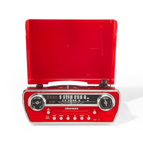 Image of Crosley Powel 7-in-1 Record Player with Speakers & CD Player - Vintage Car Design Bluetooth Turntable Entertainment System with AM/FM Radio - Retro Red Style for Vinyl, Digital & Wireless Music