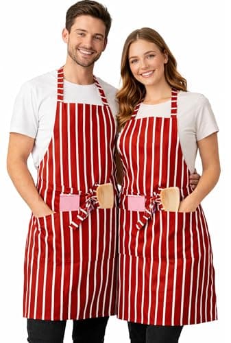 Image of IBEX Polycotton Stripe Butcher Bib Apron with Pocket, Professional Home Kitchen Apron for Restaurants, Bar Staff, Chefs, Waiters, Caterers, Baking, Red/White