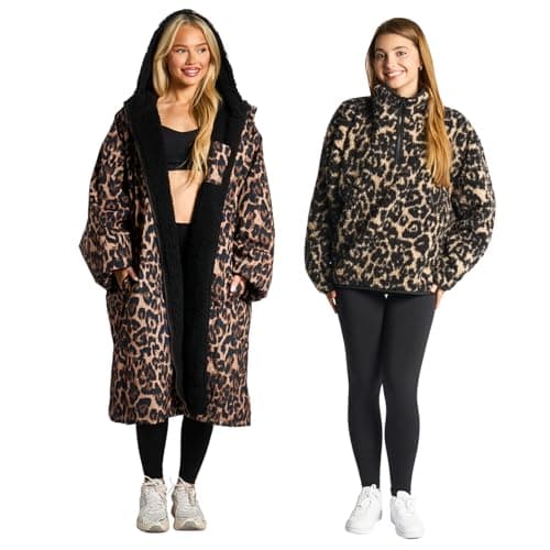 Image of OHS Womens Coats Adult Changing Robe Waterproof Jacket with Hood & Pockets Rain Coat Including Teddy Fleece Pullover Half Zip Women Long Sleeve Ladies Jackets for Outdoor, Leopard Print - L/XL
