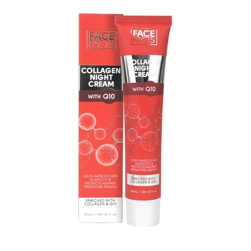 Image of Face Facts Collagen Q10 Night Cream, Ubiquinone (Q10), Vitamin E and Collagen; Improves skin elasticity and protects skin against premature ageing 50ml