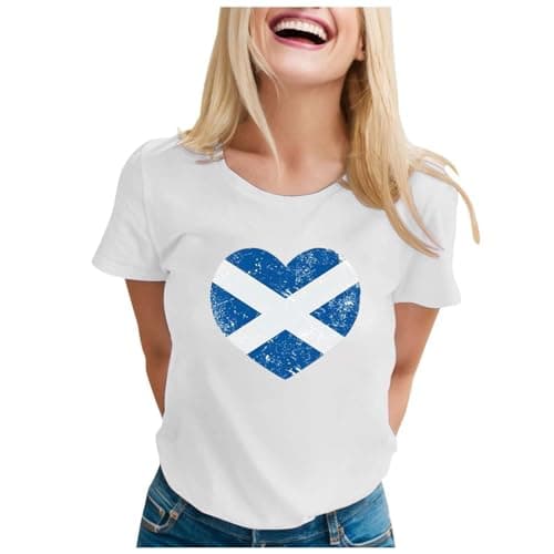 Image of Ladies Scotland T Shirt Scottish Funny Tee Shirts Short Sleeve Tee Shirts Scotland Flag Print Sports Office Work Loose Blouse Top Ladies Short Sleeve Tops White