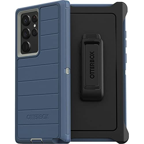Image of OtterBox Defender Series Case for Samsung Galaxy S22 Ultra (Only) - Holster Clip Included - Microbial Defense Protection - Non-Retail Packaging - Fort Blue