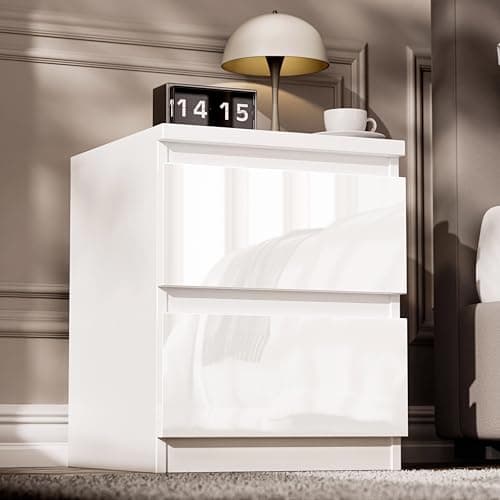 Image of Blisswood High Gloss Chest of Drawer, 2 Drawer Bedroom Chest of Drawer Bedside Table Cabinet for Bedroom Living room Furniture (White, 40D x 42W x 55H cm)