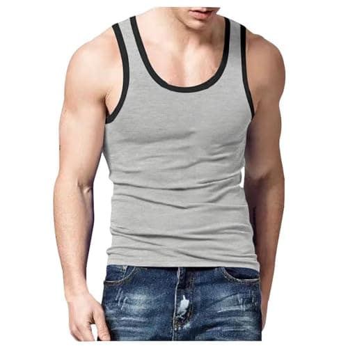 Image of Men's Stringer Tank Top - Sleeveless Stretch Tank Top, Breathable Fitness Vest for Summer and Training, O Grey, M