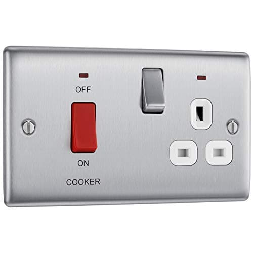 Image of BG Electrical Cooker Switch with Socket and LED, Cooker Control Unit, Control Socket, Double Pole, Raised Profile, Round Edges, Nexus Metal, Brushed Steel, White Inserts, 45A, NBS70W