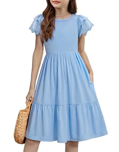 Image of Arshiner Girls Blue Dress Summer Lace Short Sleeve Midi Evening Dress A-Line Spring Party Dresses Children Fashion Wedding Festive Solid Color Casual Dresses with Pocket 11-12 Years