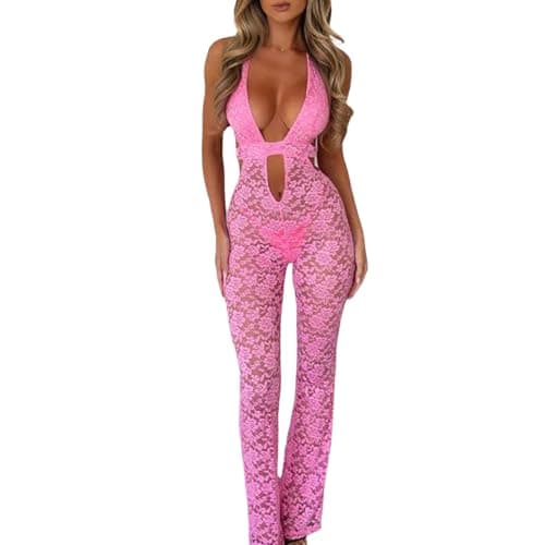 Image of FeMereina Women Lace Jumpsuits Tie-up Halter Neck Backless Sleeveless One Piece Rompers Summer Slim Playsuits Clubwear (Pink, L)