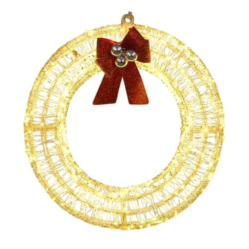 Image of LED Acrylic Christmas Wreath Decoration with 240 Warm White Lights and Red Bow – 38cm Hanging Indoor & Outdoor Festive Light Up Ornament with 5m Lead Wire, Weatherproof Design and 10% Flashing Effect