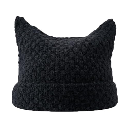 Image of JK Home Cat Ear Knitted Beanie Hat, Soft Slouchy Elastic Striped Knit Hat Women Winter Warm Vintage Y2K Gothic Little Devil Crochet Hat Loose Fox Grunge Beanies Hat for Men Black