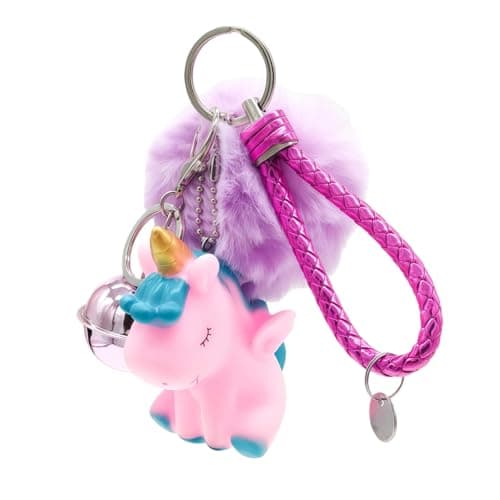 Image of Unicorn Keychain Silicone Unicorn Keyring Purple Pom Pom Key Chain Purse Backpack Bag Car Key Charm Fluffy Plush Ball Keyring with Bell Pendant for Women Birthday Gifts