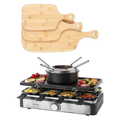 Image of Salter COMBO-7477 Electric 2 in 1 Raclette Grill & Fondue Set and Bamboo Paddle Chopping Board Set, Adjustable Temperature Control, Protects Kitchen Worktops, Ideal for Serving Charcuterie, Cheese
