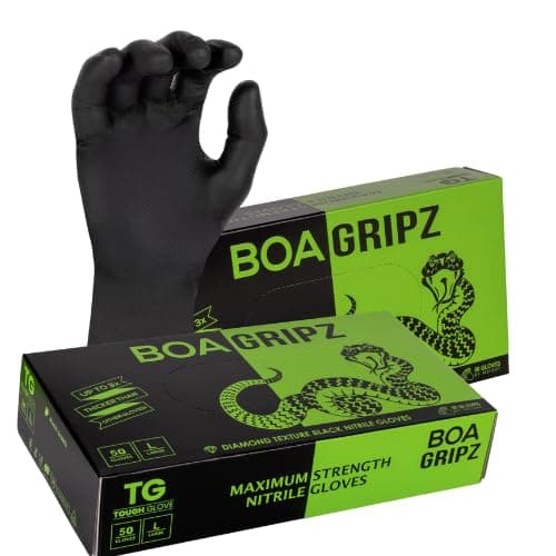Image of TG TOUGH GLOVE BOA Gripz (XL) Nitrile Gloves (Pack Of 50) | Strong Black Disposable Gloves | Diamond Textured | Powder & Latex Free Strong Midweight Mechanic Industrial Glove