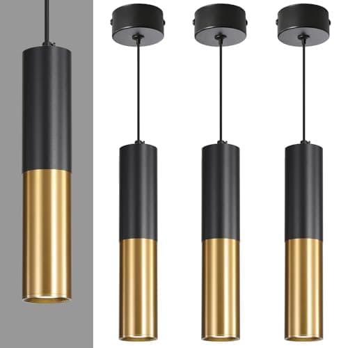 Image of Mikeru GU10 Brass Gold Pendant Lights (Bulb Included), Modern Hanging 3 Color Temperature 3000k/4500k/6500k Cylindrical Pendant Light, Height Adjustable Bedside Pendant for Bedroom, Cafe, 3pack