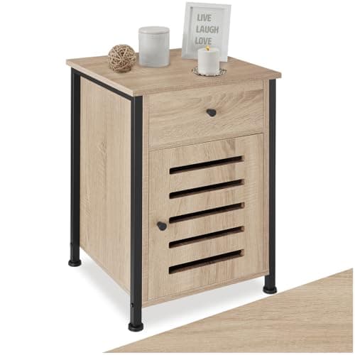 Image of tectake® Bedside Table with Drawer & Cupboard with Shelf, Bedside Cabinet with Sturdy Steel Frame & Wood-Look Surfaces, Versatile Side Table for Bedroom, Living Room, 40 x 42 x 60.5 cm - Light Wood