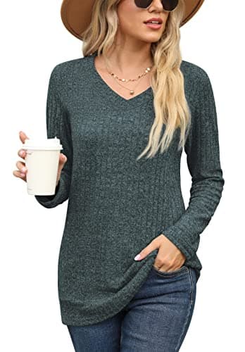 Image of PrinStory Ladies Tops Womens V Neck Jumpers Long Sleeve Solid Color Sweatshirts Basic T Shirt Causal Tunic Tops UK Size 18-20 (Green, XL)