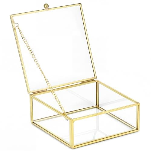 Image of QWORK Golden Vintage Glass Box, Jewellery Storage Organiser, Transparent Rectangular Box, 12 x 12 x 5 cm, for Jewellery Organiser