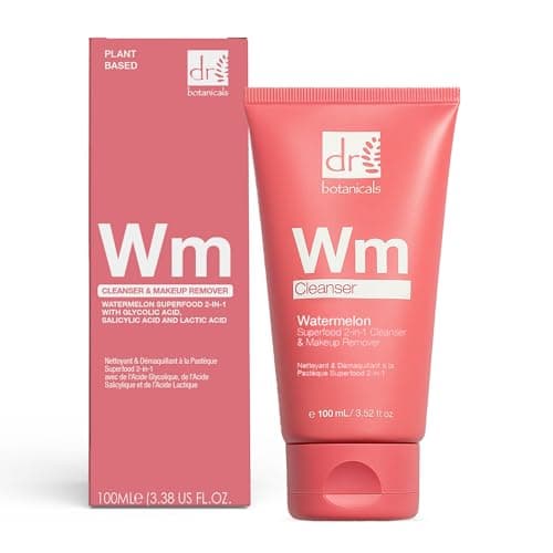 Image of Dr Botanicals Watermelon Superfood 2-in-1 Cleanser & Makeup Remover 100ml | with Glycolic Acid, Salicylic Acid & Lactic Acid | Exfoliating Face Wash for Dull Skin Anti Ageing Vegan