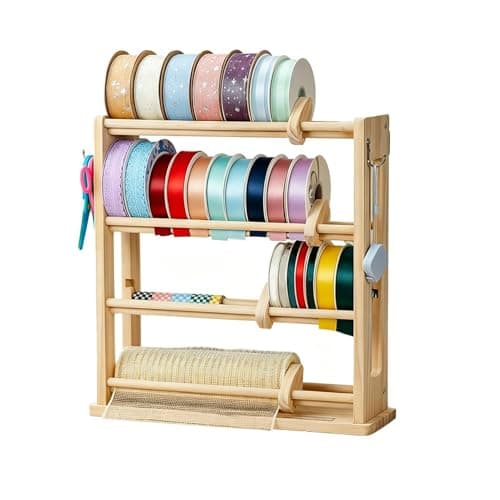 Image of Ribbon Rack | 4 Tier Wooden with Hooks and Retainer,Ribbon Spool Holder,for Sewing Threads Netted Spools Paper Tape, Crafting Rooms Retail Stores Boutiques Flower Shops