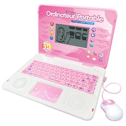 Image of Happiegg Kids Laptop English/French - Bilingual Educational Computer Toy with 130 Activities-Teaches Maths, Spelling, Logic, Games & Music - Christmas Birthday Gifts for Boys Girls, Pink