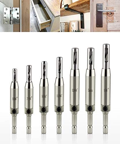 Image of QWORK® 7 Pcs Self Centering Clic Change Wood Door Window Hinge Drill Bit Set, Cabinet Woodworking Hardware Pilot Hole Hinge Drill Bits 5/64", 7/64", 9/64", 11/65", 5mm, 13/64", 1/4"