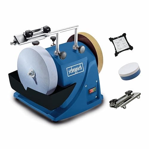 Image of Scheppach Tiger 2000S Wet Bench Grinder | 200mm Corundum Whetstone | 120W | Leather Honing Wheel | Universal Grinding Jig & Angle Gauge | for Workshop Tools & DIY