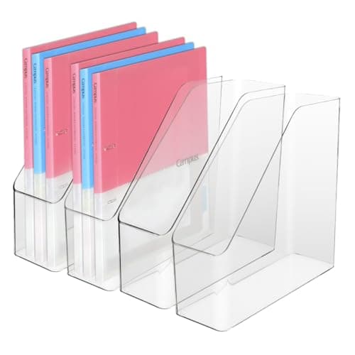 Image of IBEQUEM 4Pcs Clear Acrylic Magazine File Holder, Plastic Vertical File Folder Storage Magazine Rack Bin, Acrylic Magazine Holder, Desk Document Sorter Organizer for Home Office Work Desktop Supplies