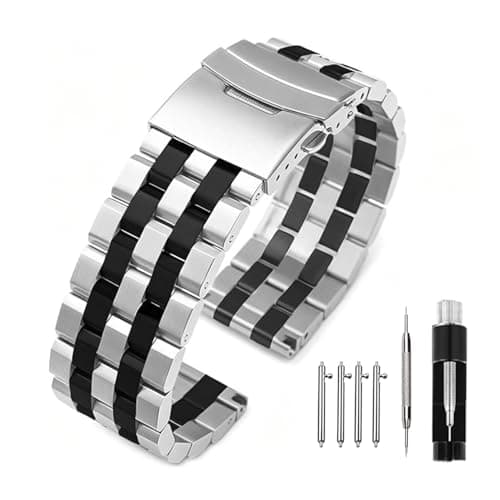 Image of Kai Tian 22mm Metal Watch Strap with Deployment Clasp, Stainless Steel Silver Black 5 Rows Watch Band for Men Women Silver Black