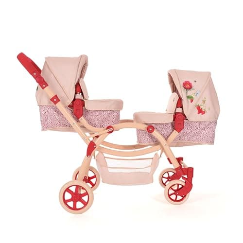 Image of Roma Twin Dolls Pram - Realistic Double Dolls Pushchair for Ages 3-16, Adjustable Handle, 16 Combinations, Ideal Toy Pram for Reborn Dolls, Includes Bag & Basket (RHS Flora)