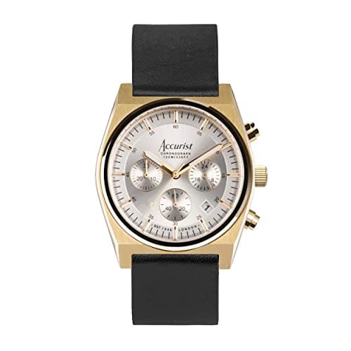Image of Accurist Mens Origin 41mm Quartz Watch in Silver with Chronograph Analogue Display, and Black Leather Strap 70005
