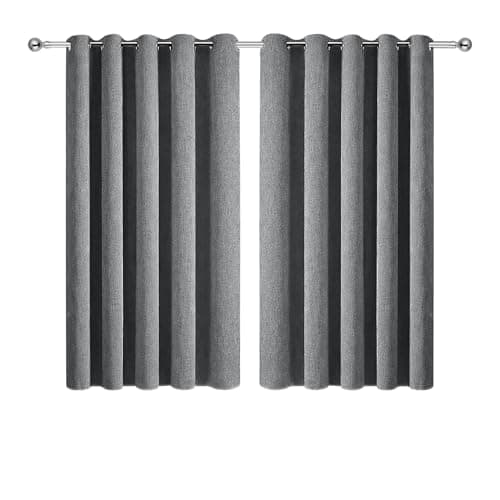 Image of Aspire Homeware Eyelet 100% Blackout Curtains for Bedroom 46x54 Inch Linen Charcoal Curtains for Living Room 2 Panels with Tiebacks