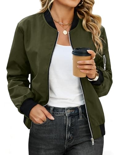 Image of CMTOP Womens Bomber Jacket Lightweight Zip Up Summer Jackets Casual Short Flight Jacket Windproof Transition Jackets with Pockets Solid Long Sleeve Spring Coat(Army Green, S)