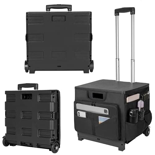 Image of FREEAMG 50L Folding Shopping Trolley Cart with Lid & Organiser Bag, Folding Boot Cart with Telescopic Aluminium Handle, Multipurpose Utility Cart for ravel, Shopping, Luggage & Teacher (Black)