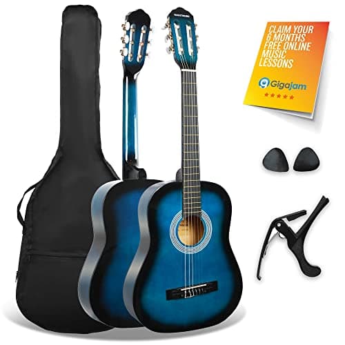 Image of 3rd Avenue XF 3/4 Size Junior Kids Classical Spanish Starter Beginner Pack Acoustic Guitar with Nylon Strings, Gig Bag, Capo and Picks – Blue