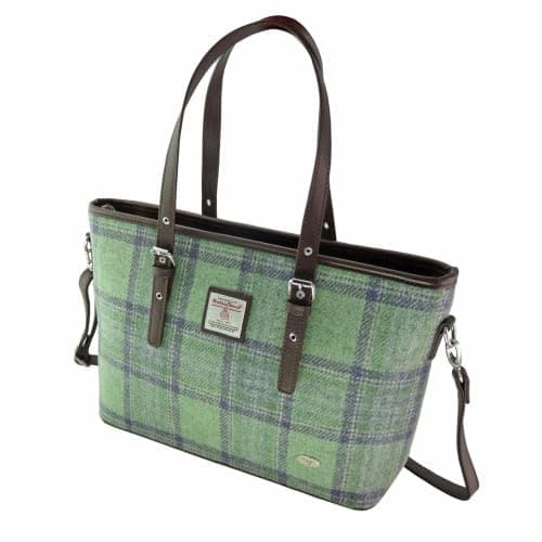 Image of Harris Tweed Tote Bag, MacLeod Tartan Pattern, Leather Handles, Shoulder Strap (Faded Green Stewart)