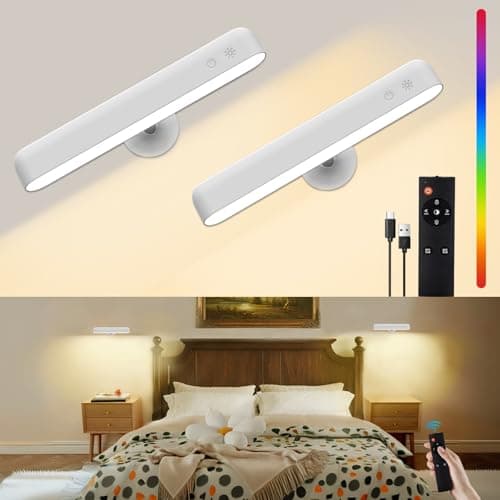 Image of Speclux Rechargeable Wall Lights, LED Battery Operated Wall Lights with 7500mAh Battery Lamp for Bedroom, 3 Colors with 15 RGB Colors, 360°Rotate & Stepless Dimmable Brightness (2 Pack White)