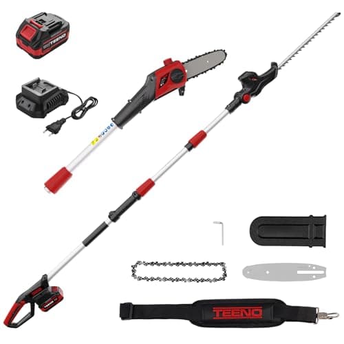 Image of TEENO 2-in-1 Cordless Hedge Trimmer & Chainsaw Set - 4.0 Ah Battery Powered Electric Pole Saw & Hedge Cutter for Garden Tree Trimming - Includes Battery & Charger and 10ft Telescopic Pole Extension