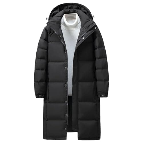 Image of Mens Warm Long Puffer Hoodie Plus Size Hooded Down Quilted Coat Classic Arctic Cloth Hood Parka Jacket, Black, 4XL