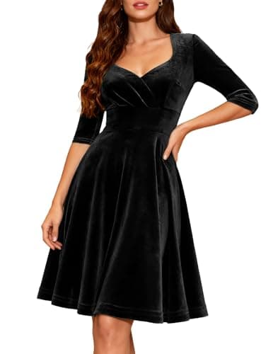 Image of Women's Black Velvet Evening Dress Long Sleeve V-Neck A-Line Midi Dress Vintage Formal Cocktail Christmas Party Wedding Guest Gown V-Black L