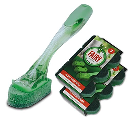 Image of Addis Fairy Soap Dispensing Non Scratch Sponge Scourer Dish Brush with 6 Pack of Spare Replacement Refill Heads, Green & Clear, One Size