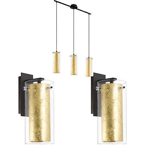 Image of Ceiling Pendant Light & 2X Matching Wall Lights -Clear Glass & Gold Shade Lamp - Hanging Drop Adjustable Height Lamp Living Room Set Kit