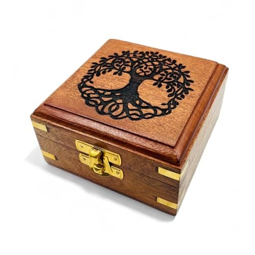 Image of Handmade Wooden Tree of Life Box | Brass Inlay Jewellery & Keepsake Organizer | Rustic Brown Vintage Trinket Box for Tarot, Crystals & Gifts | Sustainable Wood Storage Box (10x10x5.5 cm)