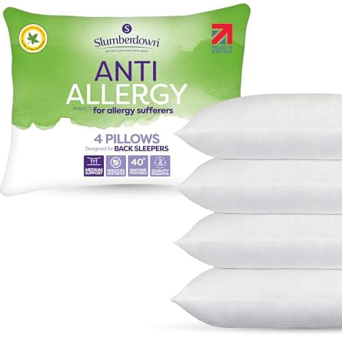 Image of Slumberdown Anti Allergy Pillows 4 Pack - Allergy UK Approved Medium Support Back Sleeper Pillows for Allergy Sufferers | Anti Bacterial Cover, UK-Made & Washable (48 x 74cm)